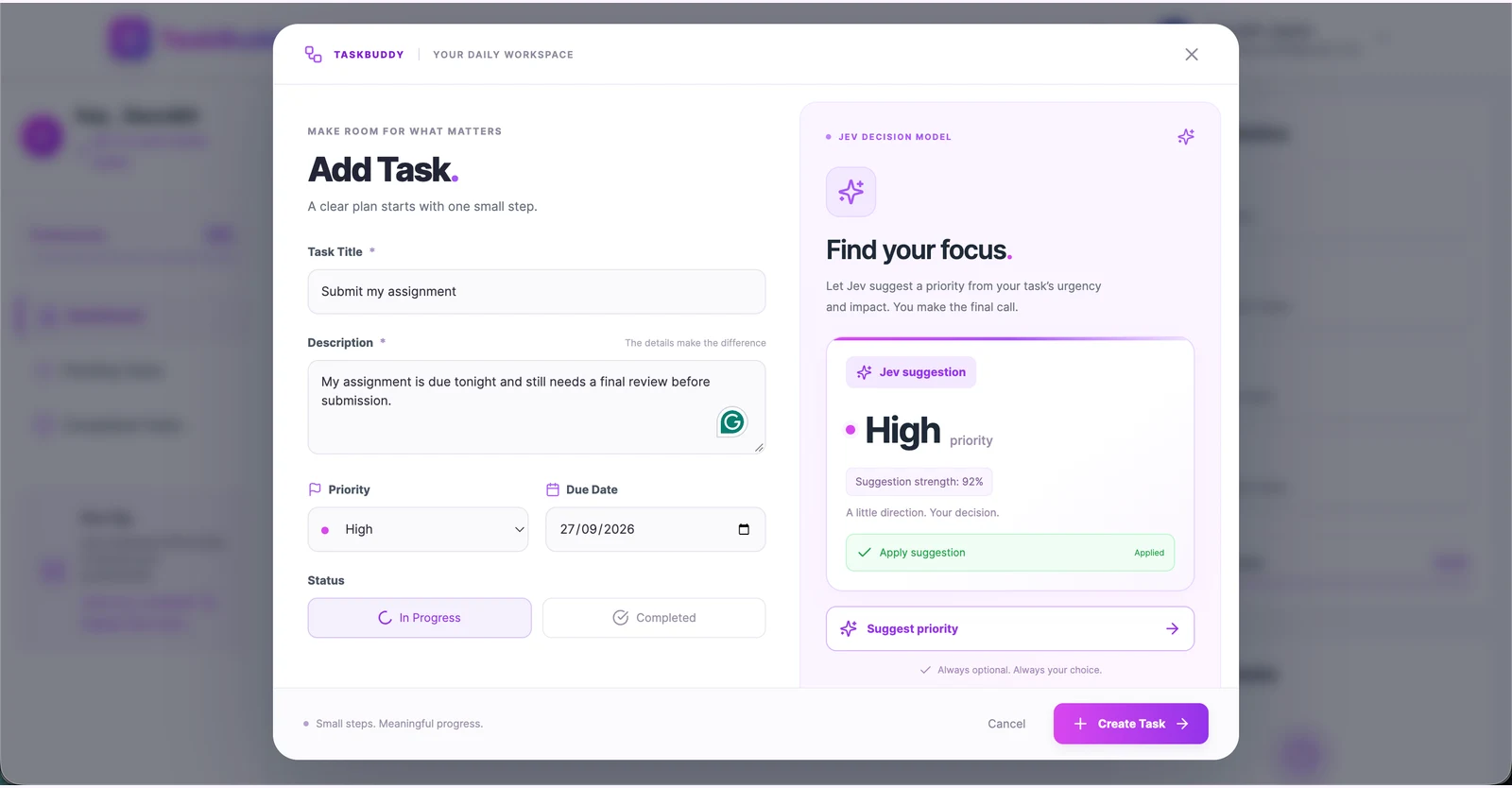 TaskBuddy showing Jev suggesting High priority with 92 percent suggestion strength for an assignment due tonight