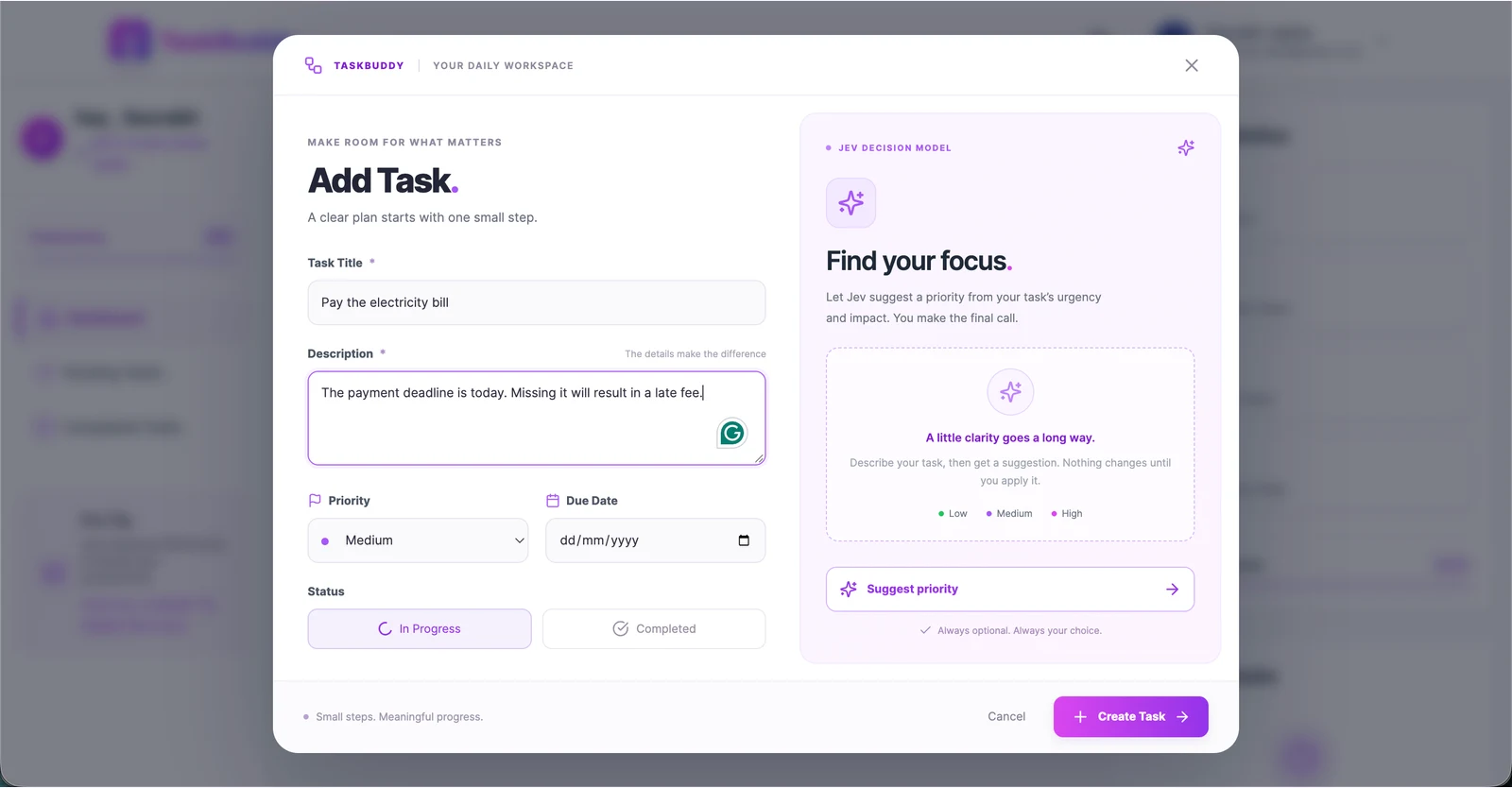 TaskBuddy Add Task form with an electricity bill due today and the Suggest priority button before a Jev response