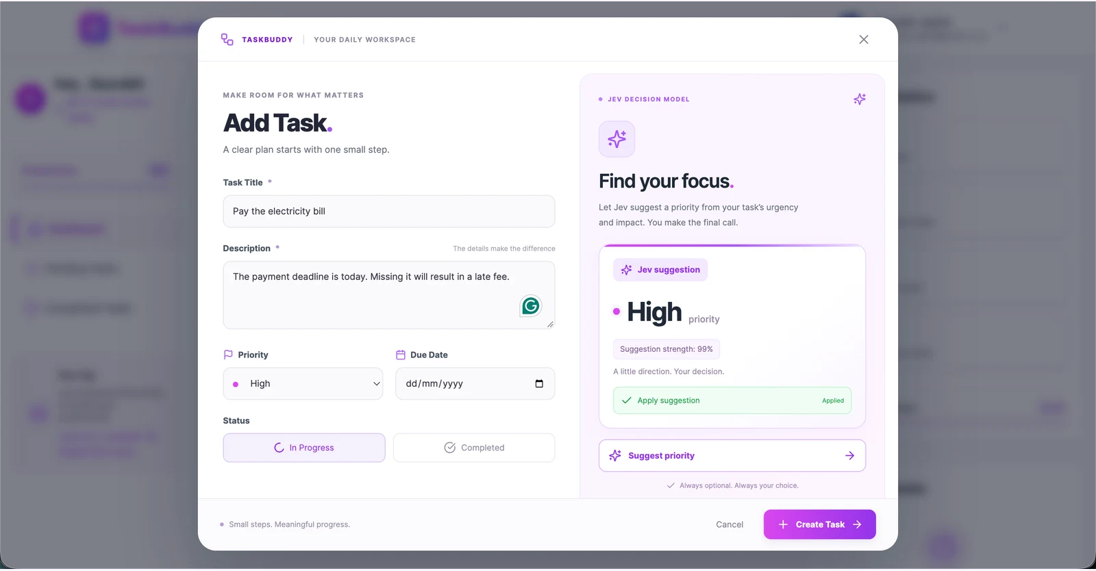 Jev suggestion in TaskBuddy returning High priority and 99 percent suggestion strength for an electricity bill, with High selected in the dropdown