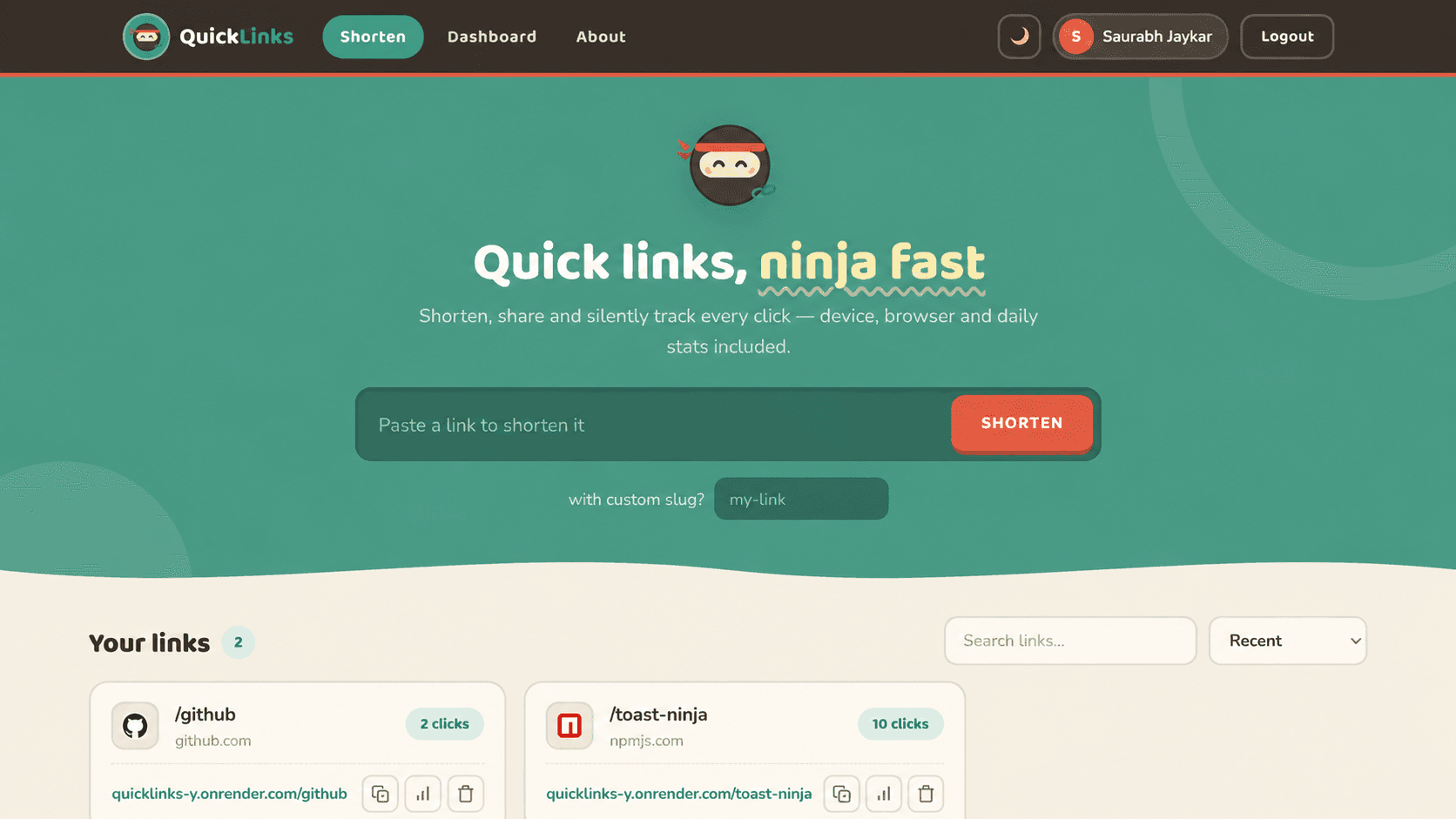 QuickLinks URL shortener homepage