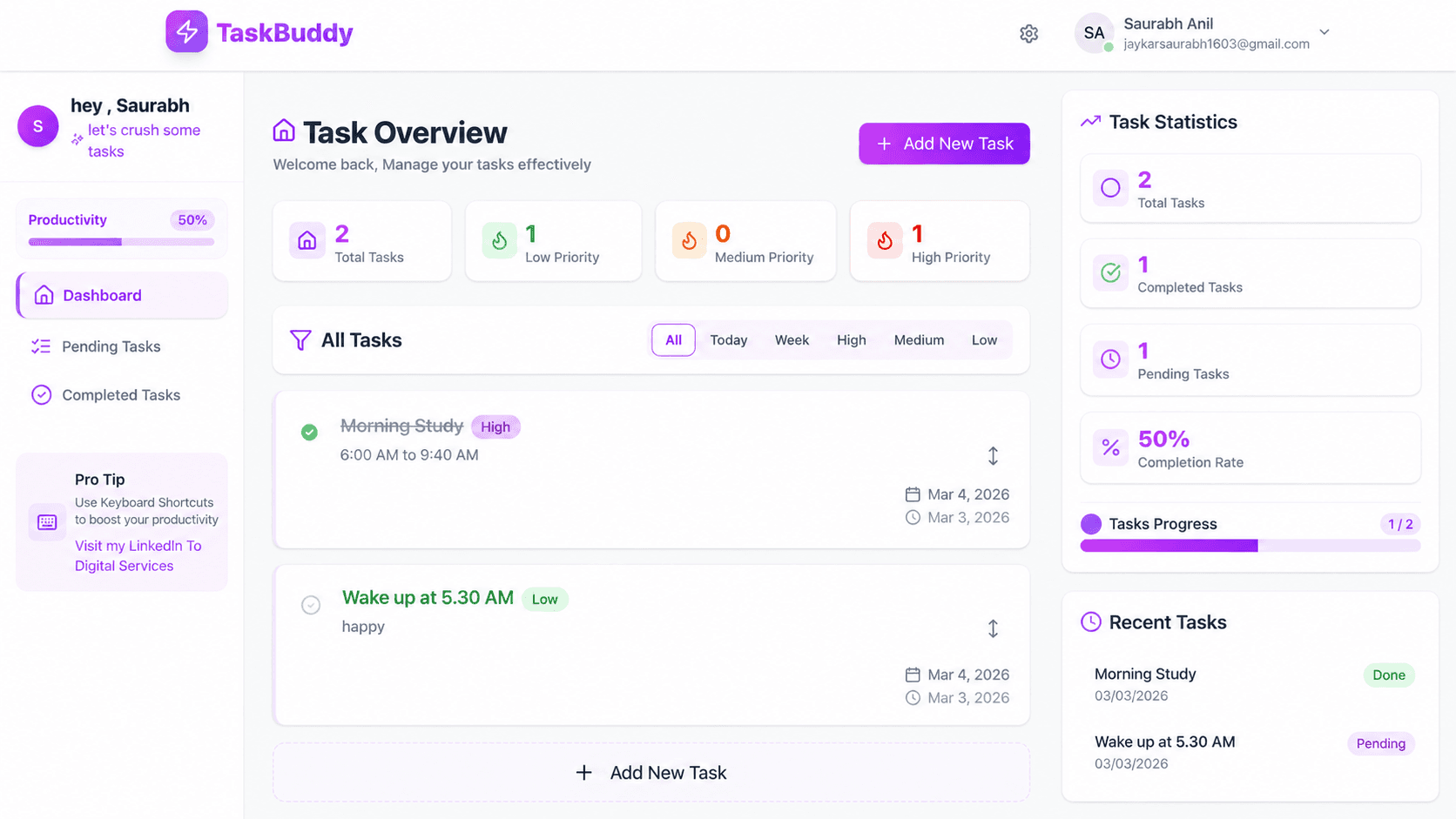 Task Buddy dashboard with task overview, priorities, and completion statistics