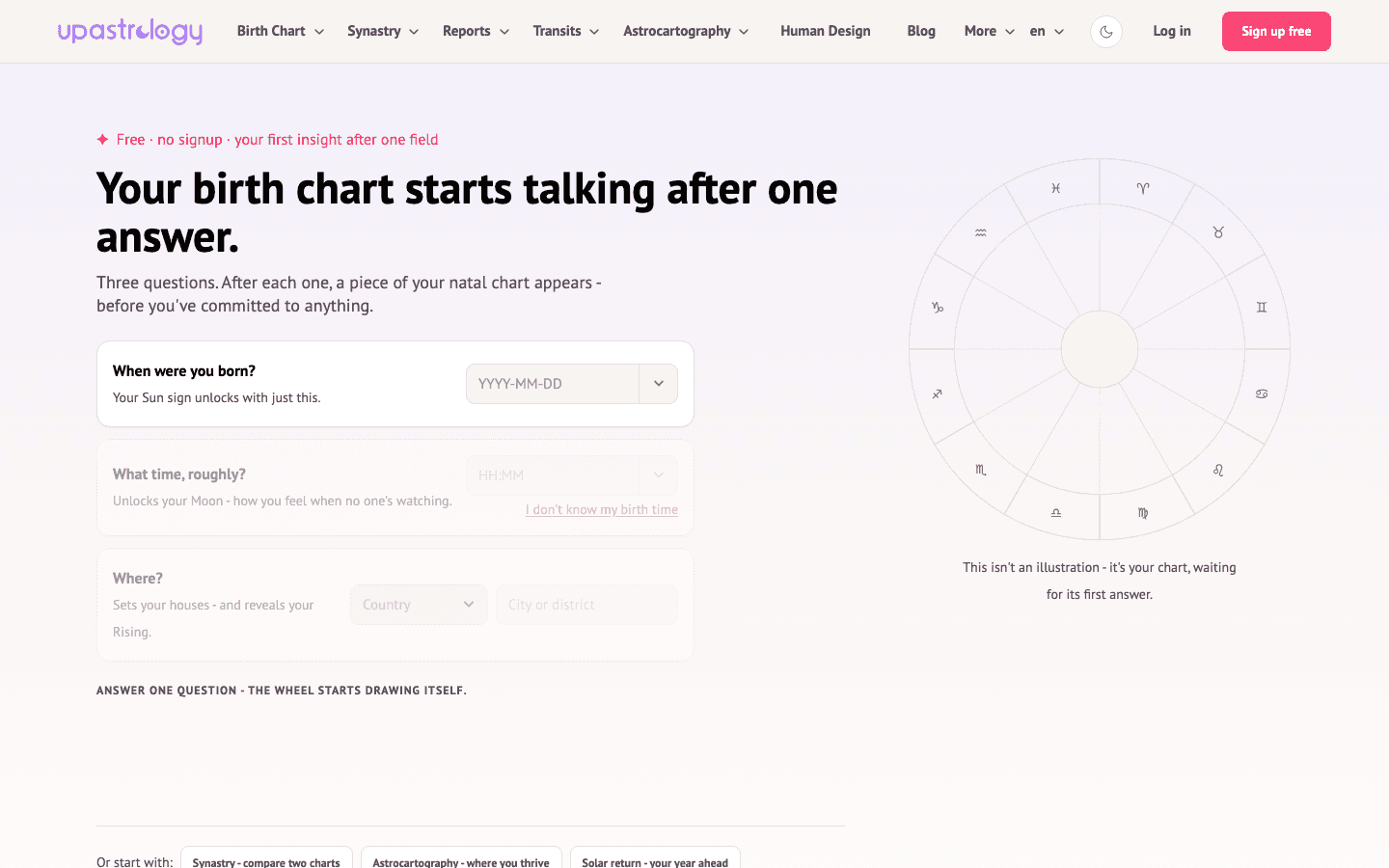 UpAstrology birth chart experience homepage
